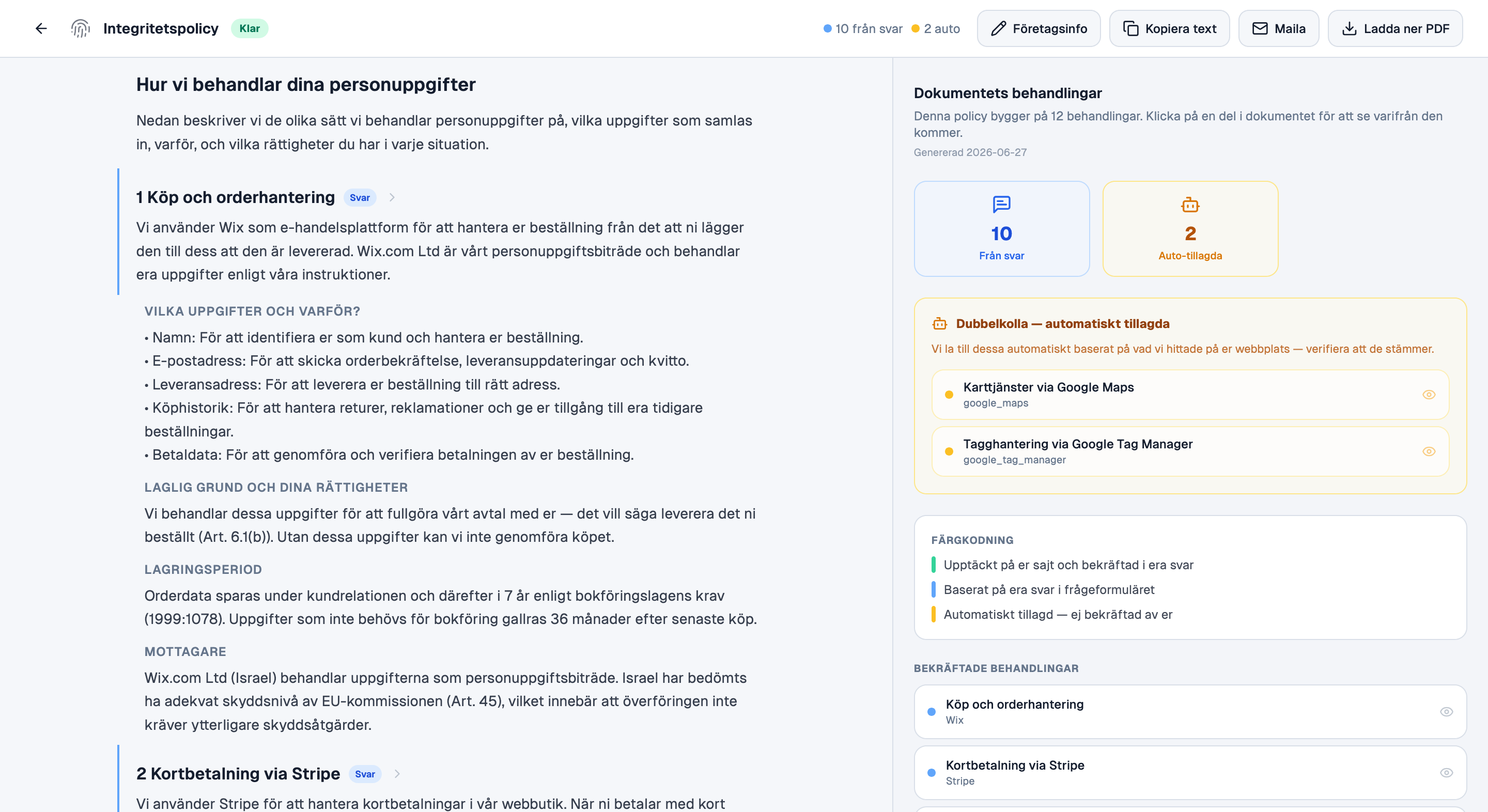 Full Integritetspolicy document with treatment sections, legal basis, and color-coded source sidebar