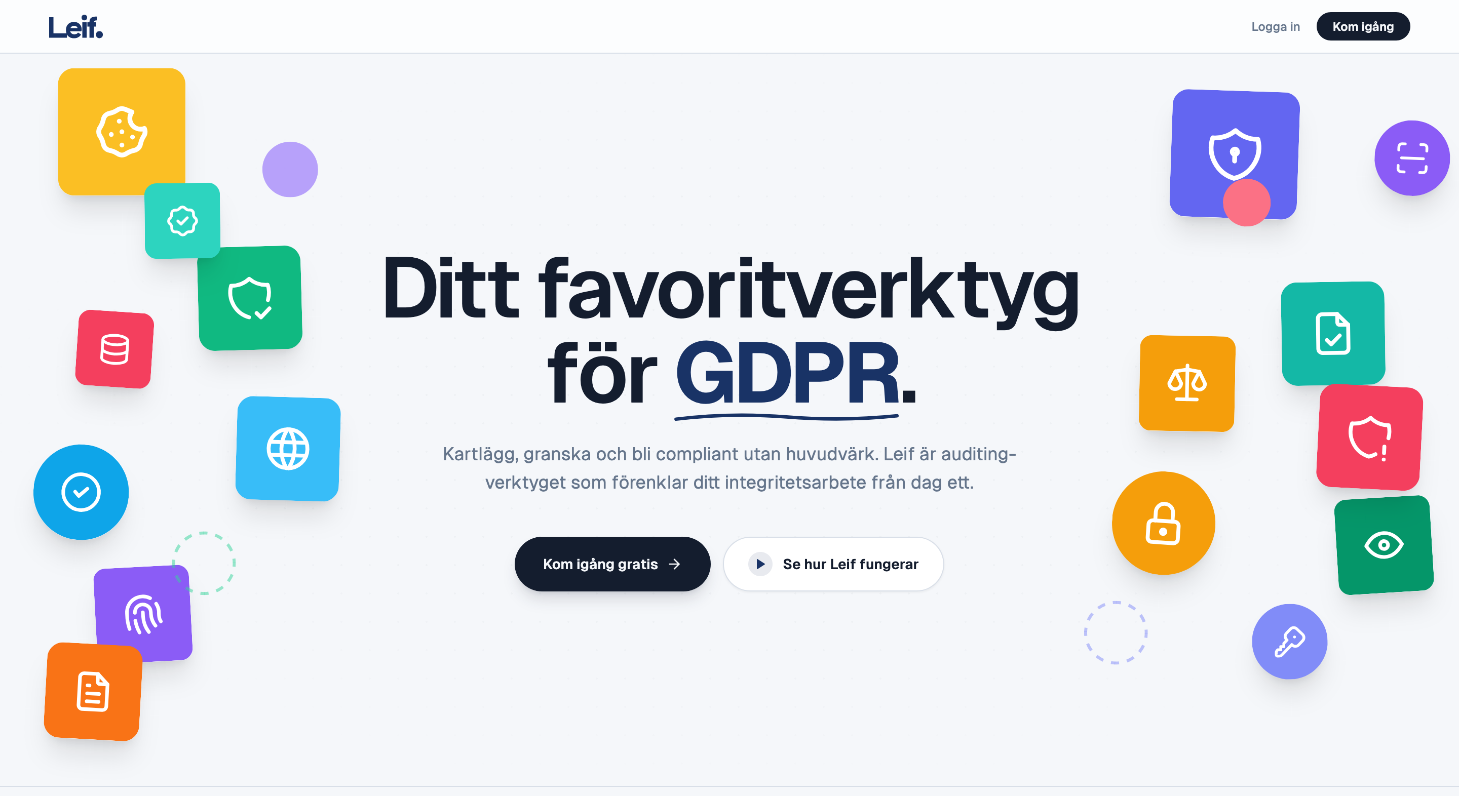 Leif landing page, Ditt favoritverktyg för GDPR with colorful compliance icons