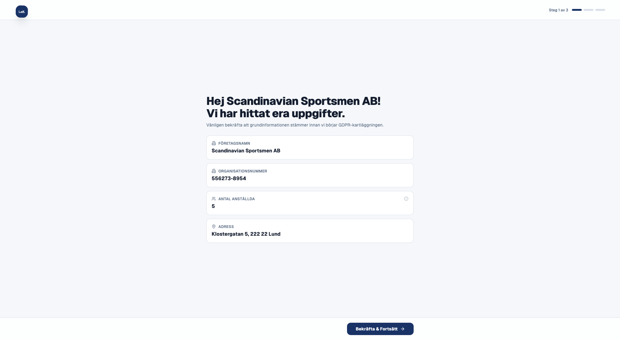 Onboarding step 1 of 3 with pre-filled company fields for Scandinavian Sportsmen AB