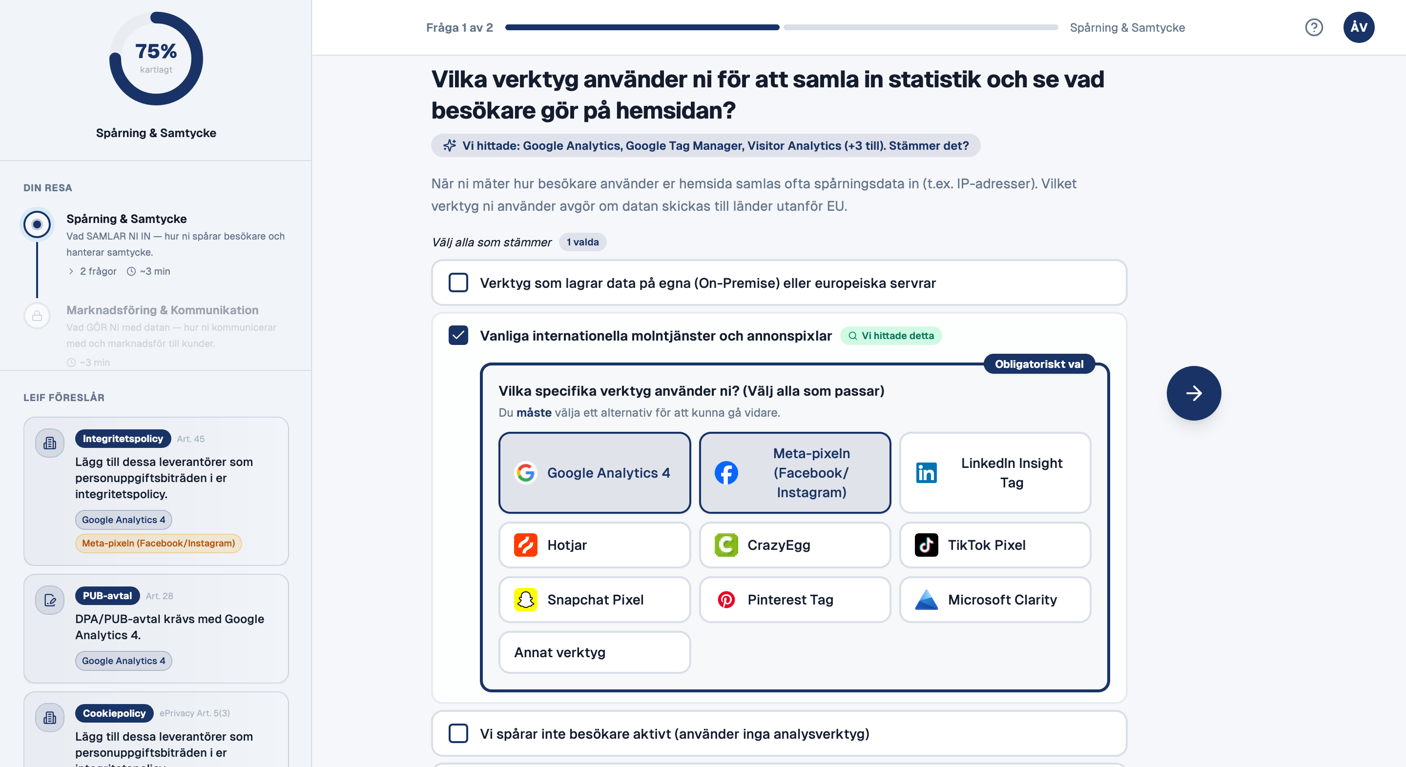 Questionnaire showing tracking tool selection with Google Analytics, Meta-pixel, LinkedIn Insight Tag, and AI suggestions sidebar